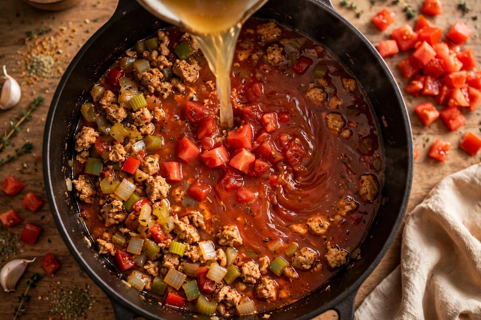 Diced tomatoes and chicken broth poured into a pot of browned turkey and vegetables.