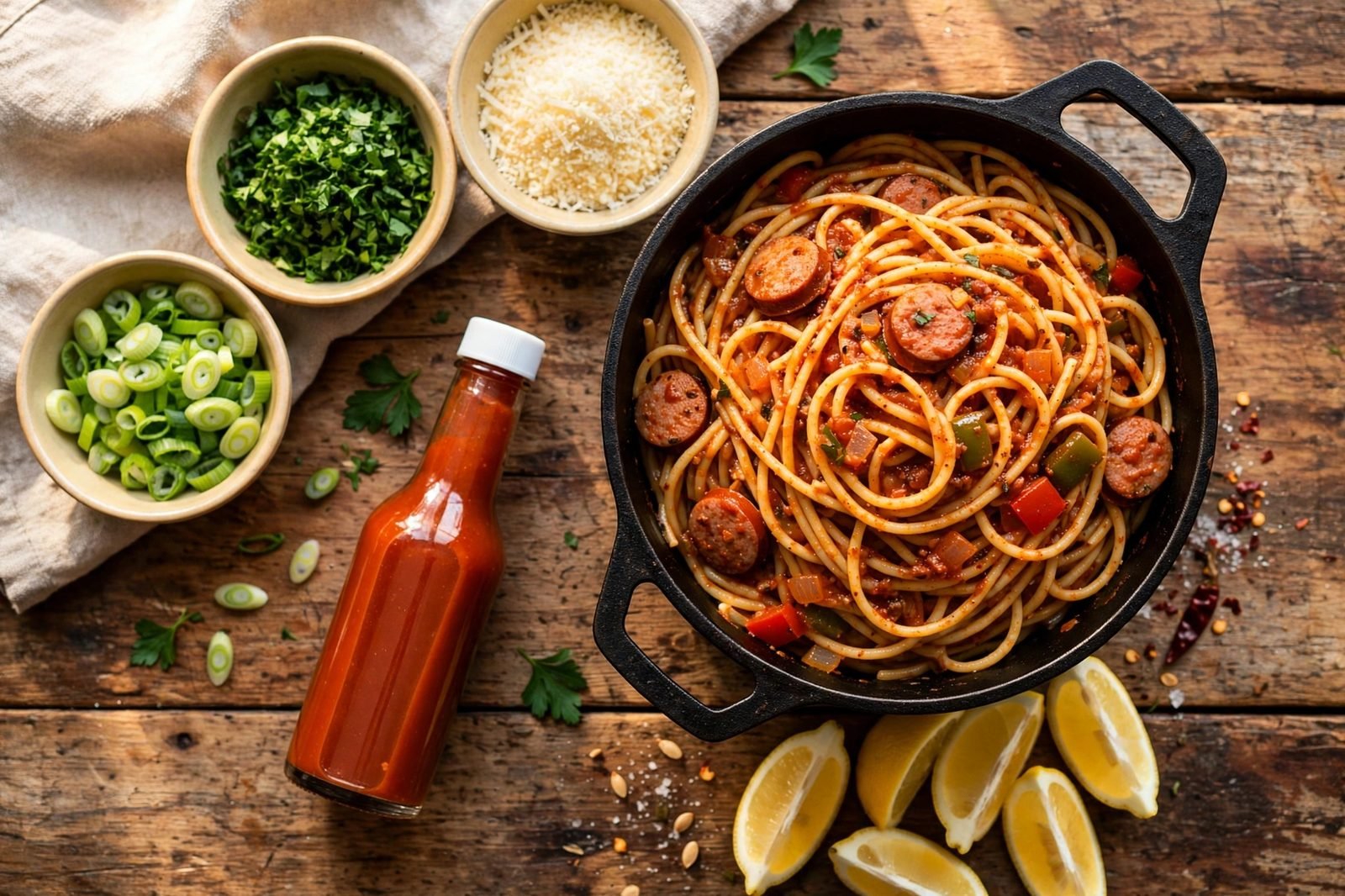 Small bowls of sliced green onions, parsley, parmesan, hot sauce, and lemon wedges next to a pot of spaghetti.
