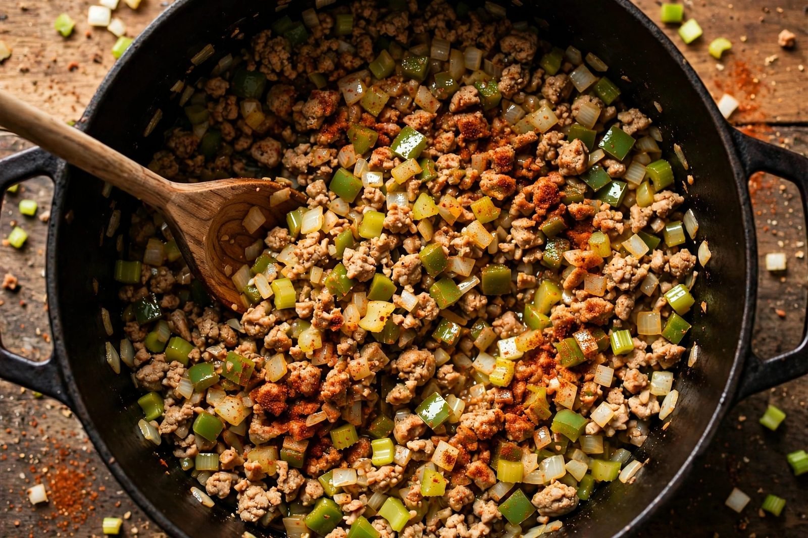 Diced onion, green bell pepper, and celery softening with browned turkey, dusted with reddish Cajun seasoning.