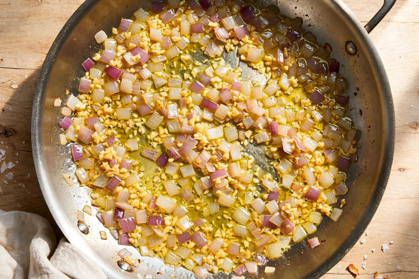 Diced red onion and garlic softening in the skillet.