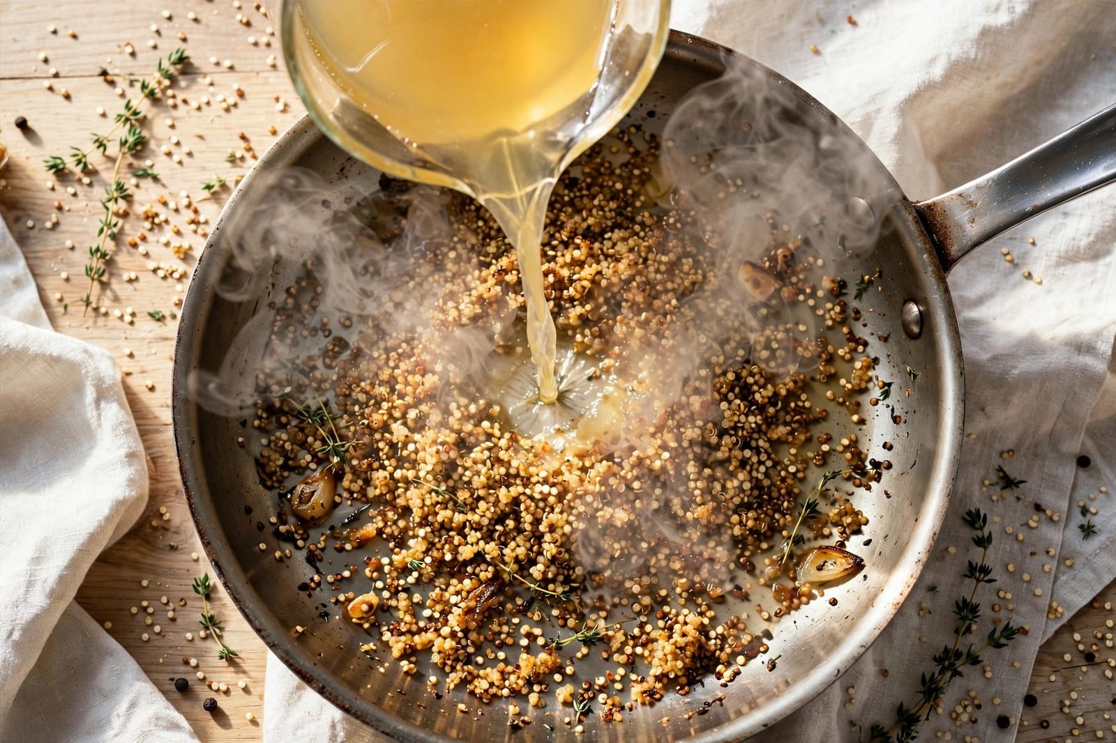 Chicken broth poured over quinoa, simmering in the covered skillet.