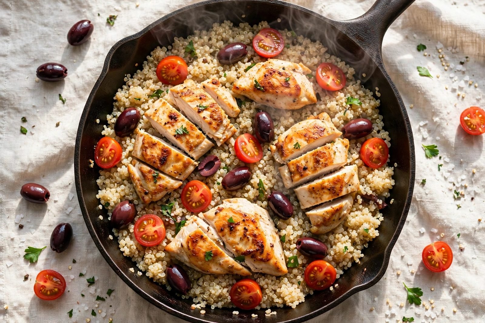 Seared chicken returned to the skillet with cherry tomatoes and olives.