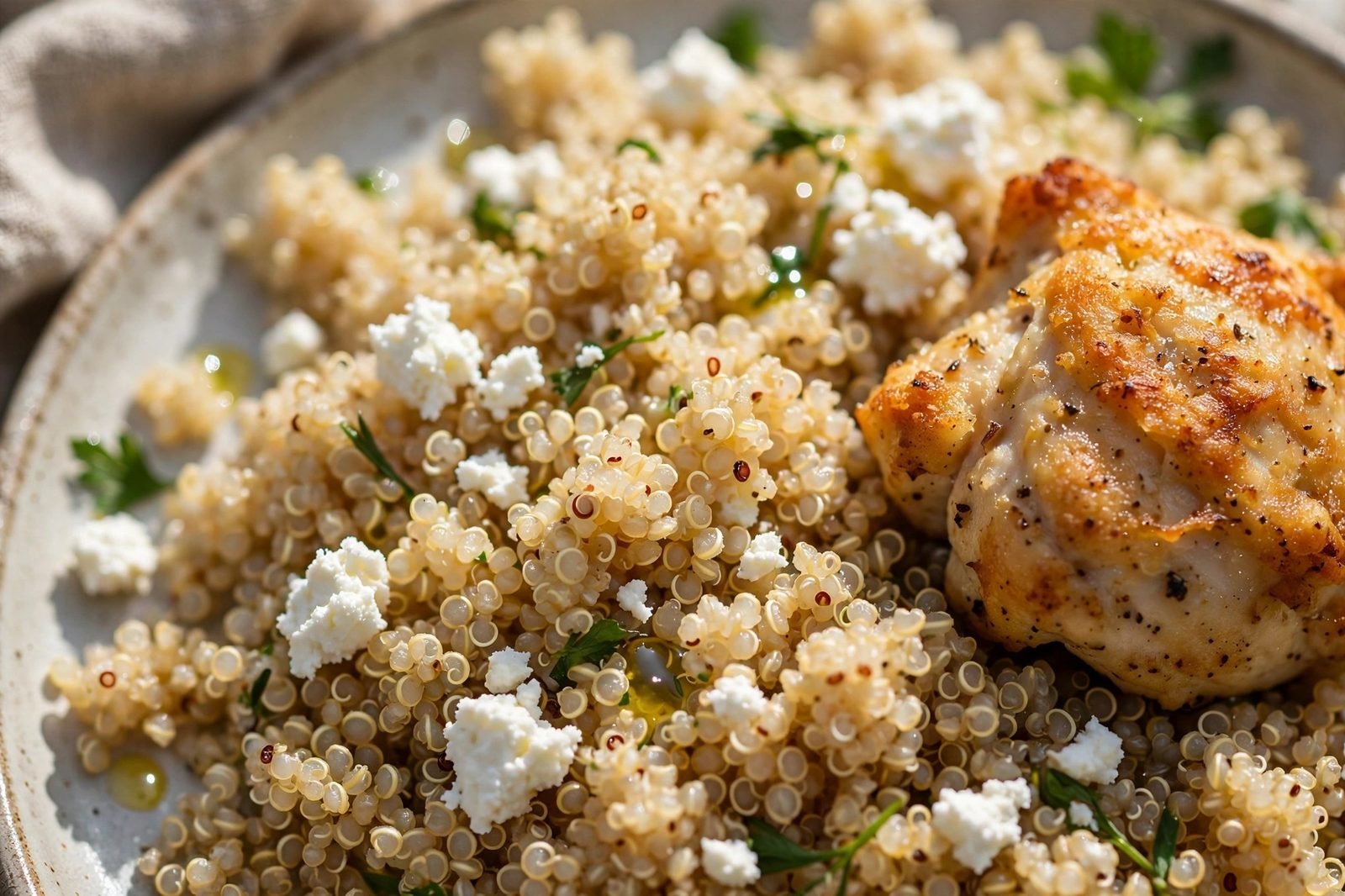 Close-up of fluffy quinoa with chicken, feta, tomatoes, and olives.