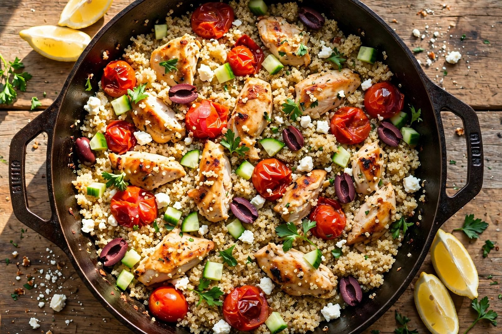 Overhead of a finished skillet of Greek chicken and quinoa with cherry tomatoes, olives, feta, and lemon.