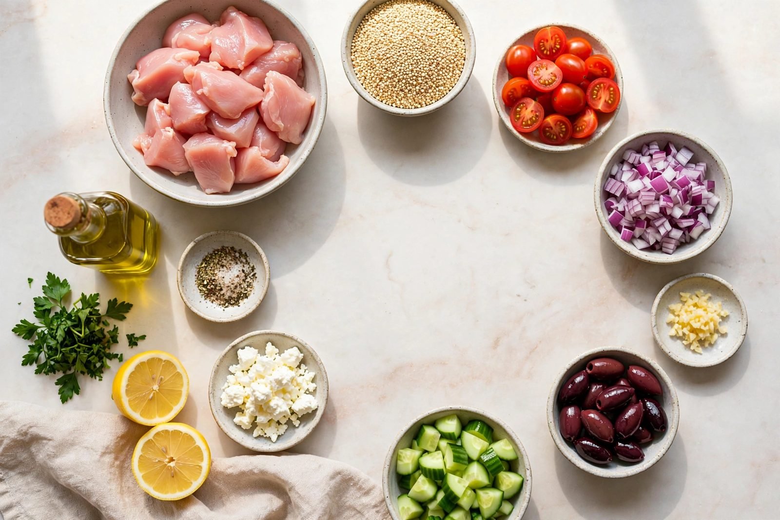Ingredients for Greek chicken and quinoa: chicken pieces, quinoa, cherry tomatoes, olives, feta, cucumber, lemon, herbs.