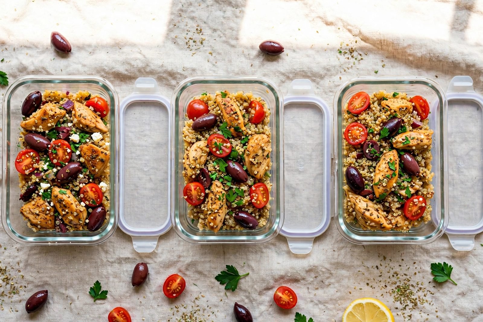 Meal-prep containers portioned with Greek chicken and quinoa.