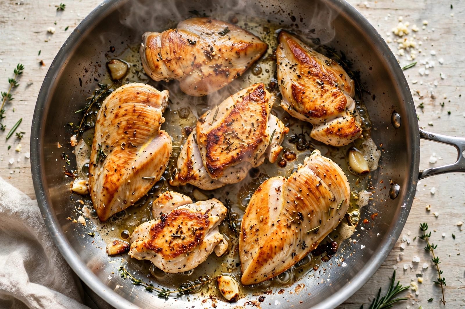 Chicken pieces searing golden in a large skillet.