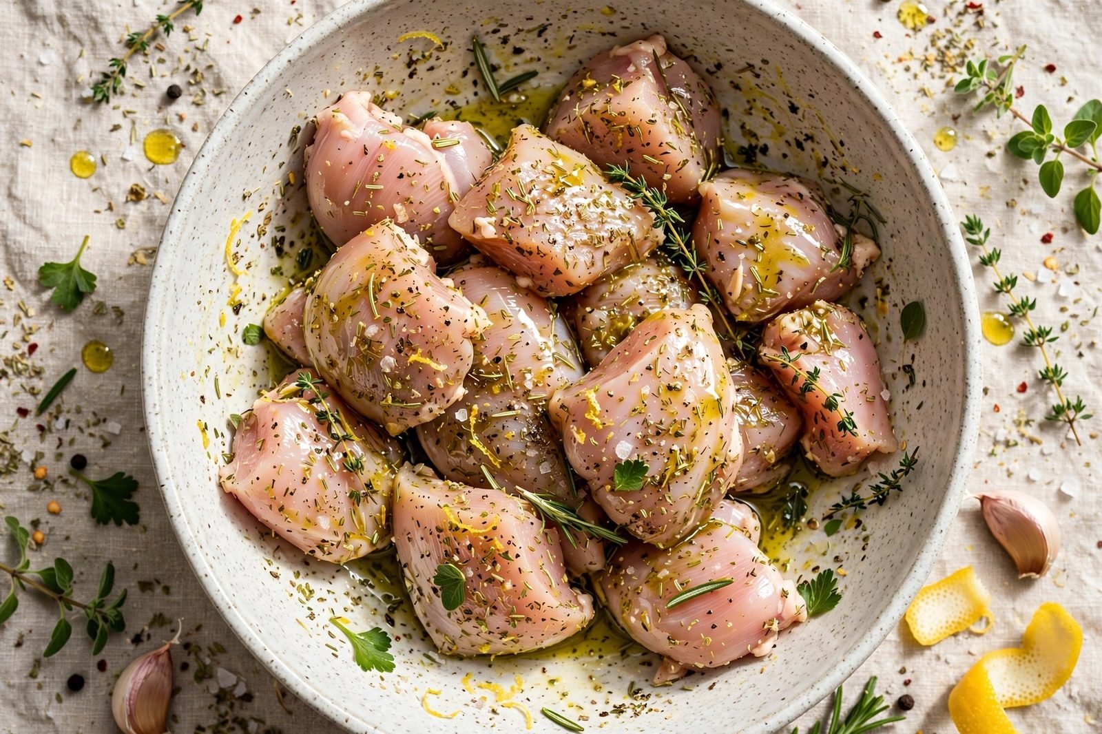 Chicken pieces being tossed with olive oil and Greek seasoning.
