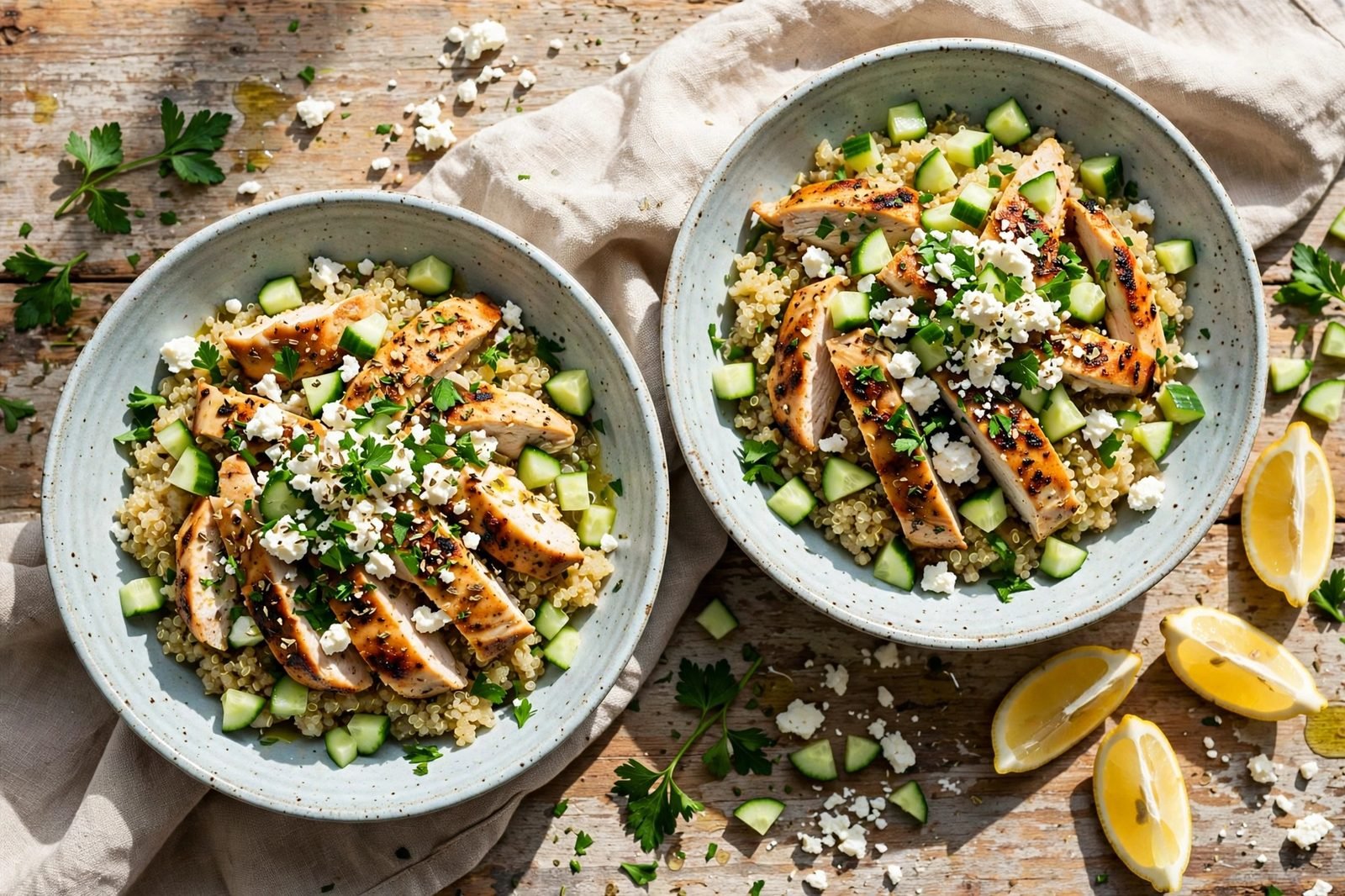Served bowls of Greek chicken and quinoa with cucumber, feta, and parsley.