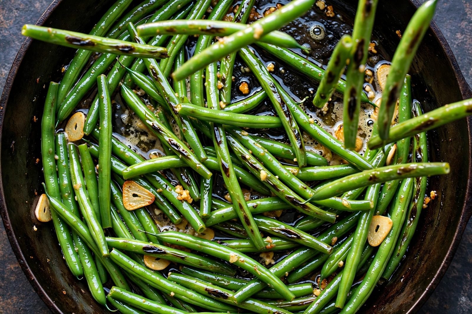 Bright green beans tossed in glossy garlic butter in a skillet.