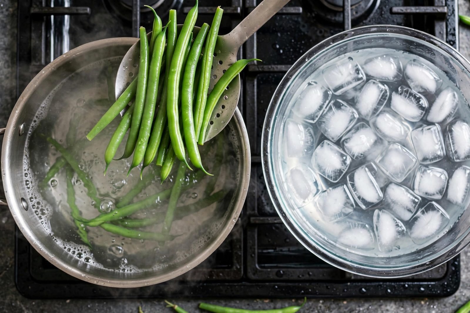 Green beans being lifted from boiling water with a slotted spoon over a pot, with a bowl of ice water nearby.