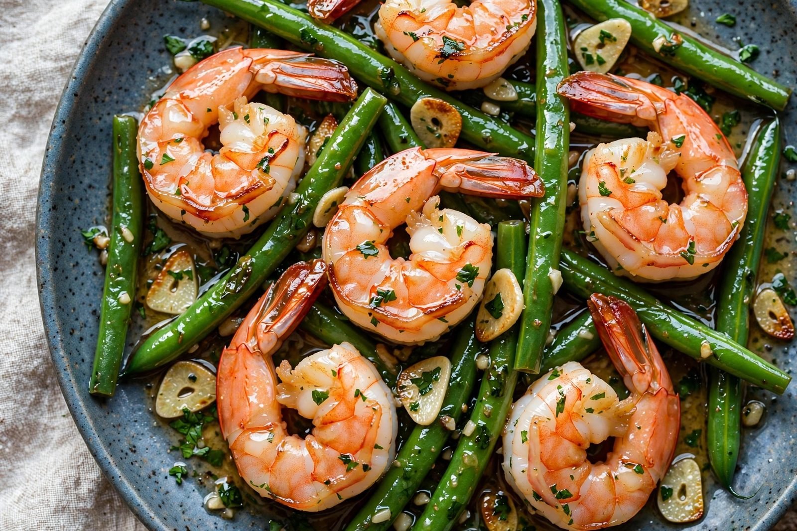 Close-up of glossy pink shrimp and green beans coated in garlic butter.