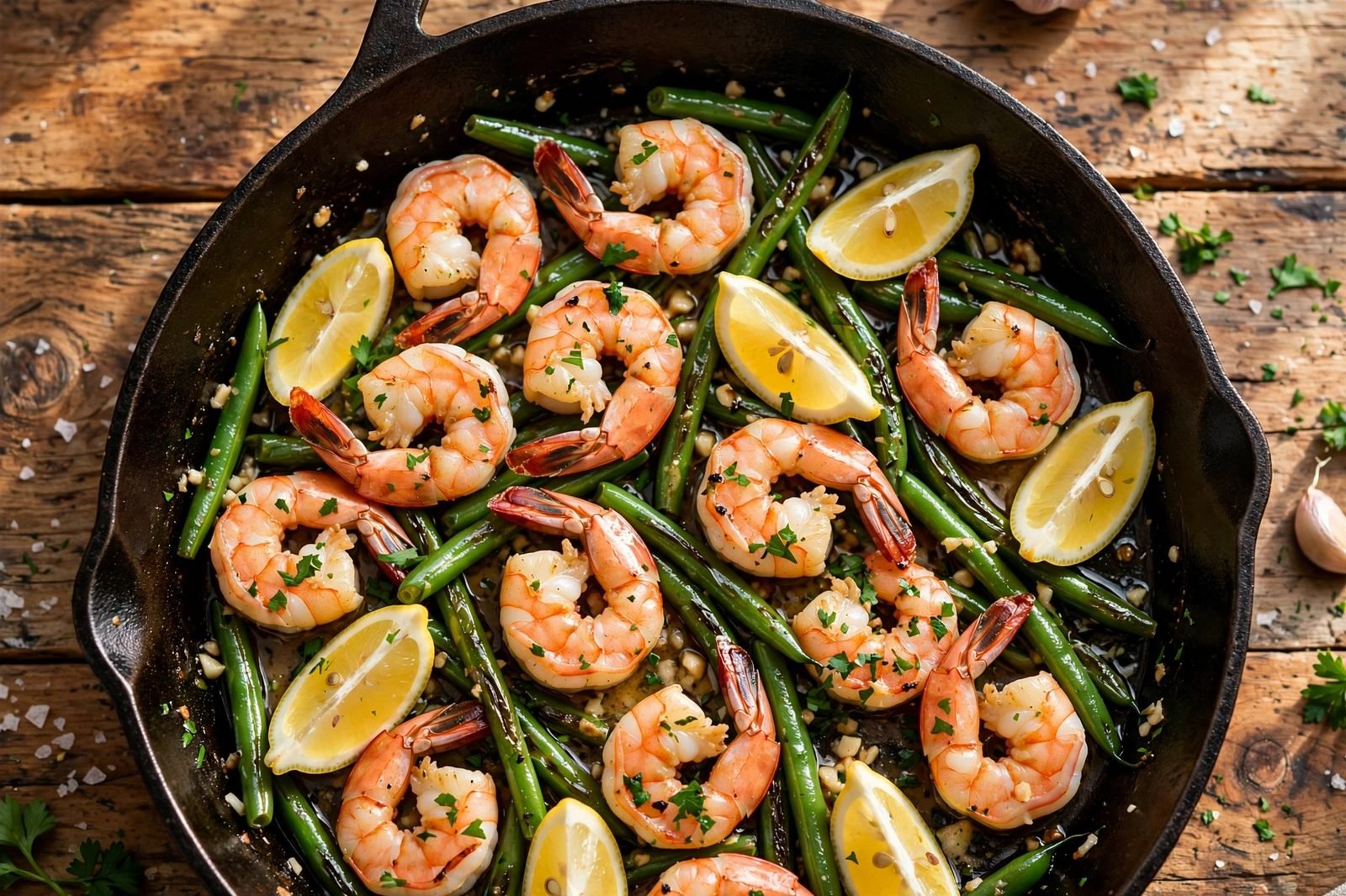 Overhead of a skillet of garlic butter shrimp and bright green beans with lemon wedges and parsley.