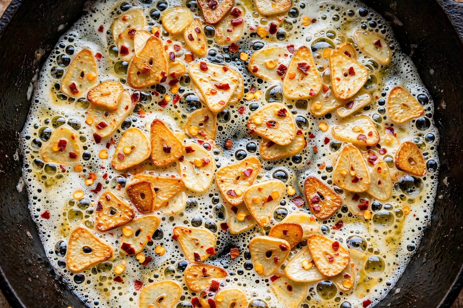 Sliced garlic and red pepper flakes sizzling in melted butter in a skillet.