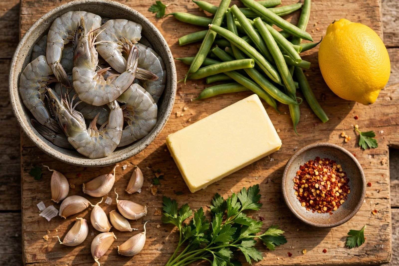 Overhead of raw shrimp, trimmed green beans, butter, garlic cloves, lemon, and parsley arranged on a wooden board.
