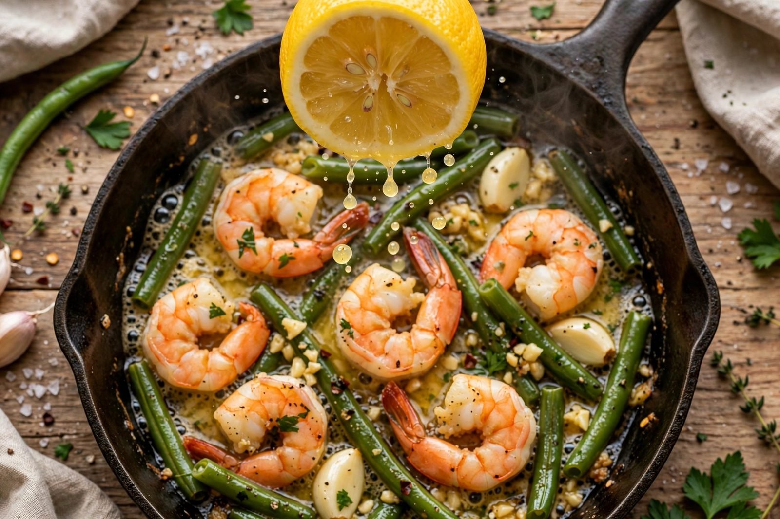 Lemon half squeezed over a skillet of shrimp and green beans, juice visible.
