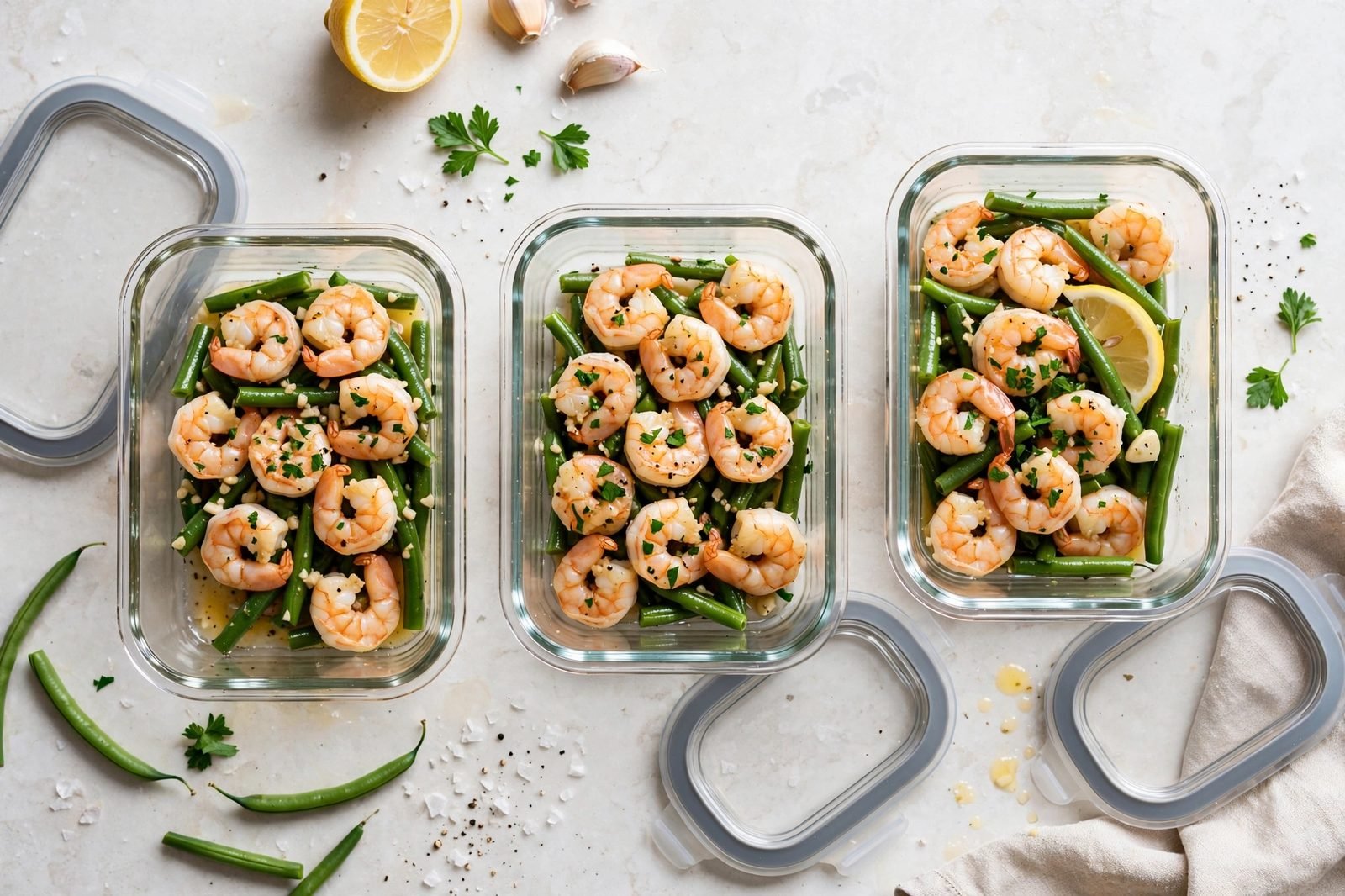 Meal-prep containers portioned with garlic butter shrimp and green beans.