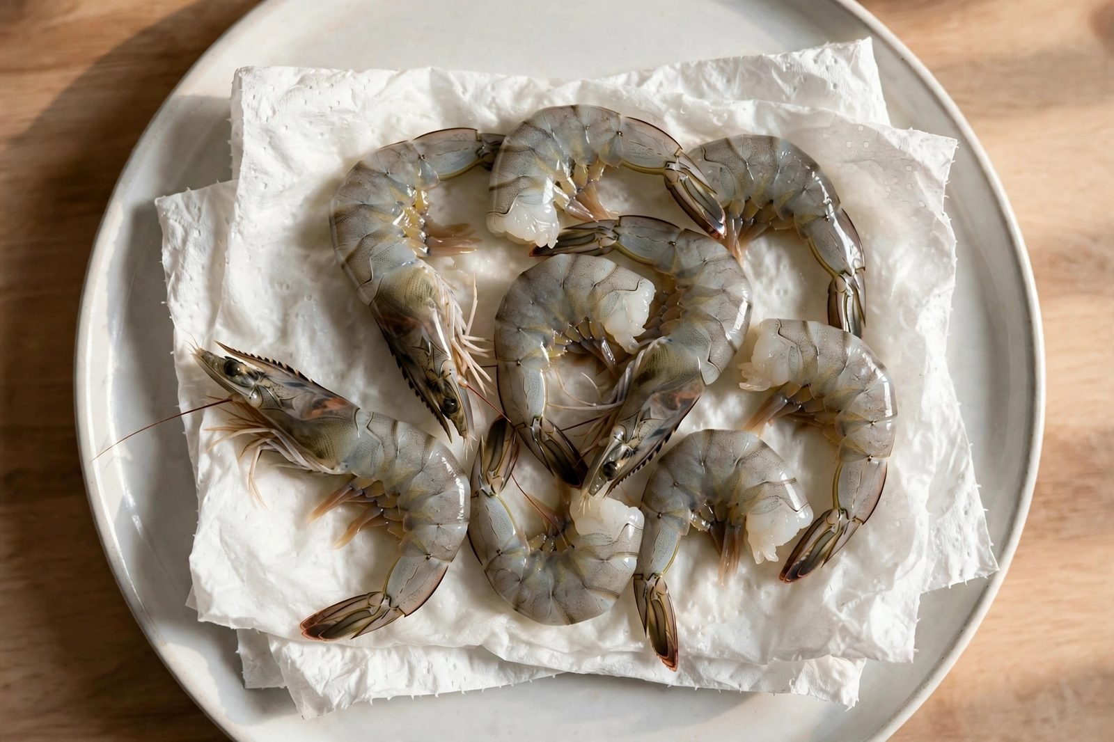 Raw shrimp arranged in a single layer on paper towels.