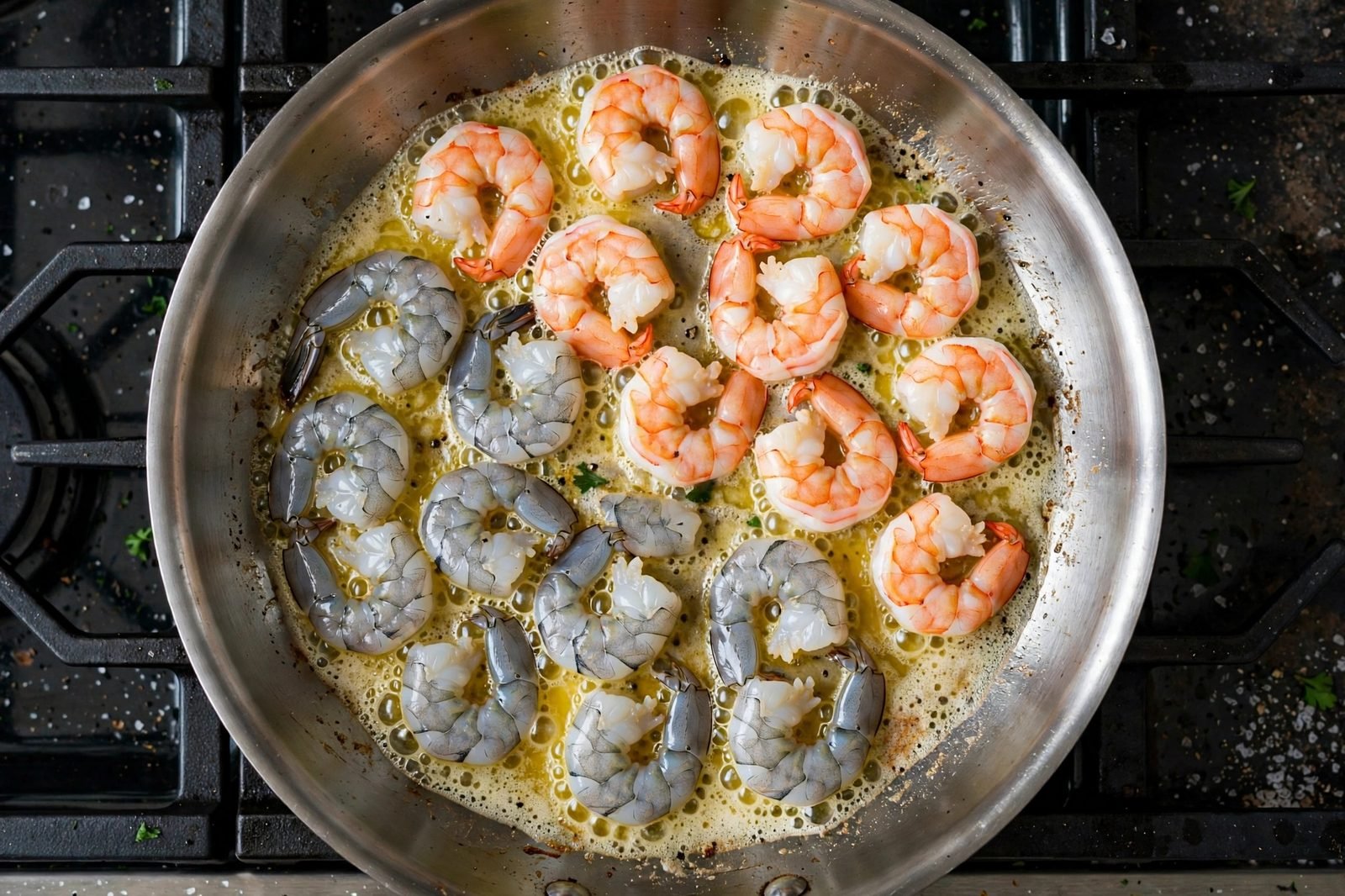 Shrimp turning pink as they sear in a buttered skillet.