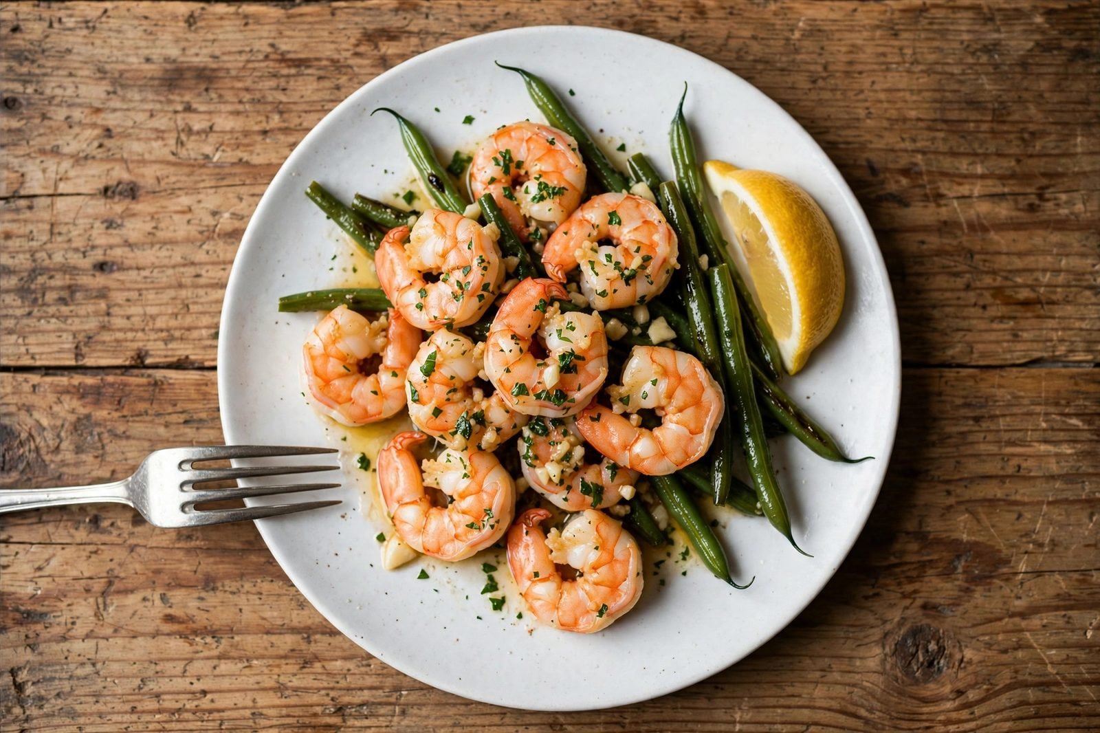 A plated serving of garlic butter shrimp and green beans with a lemon wedge and chopped parsley.
