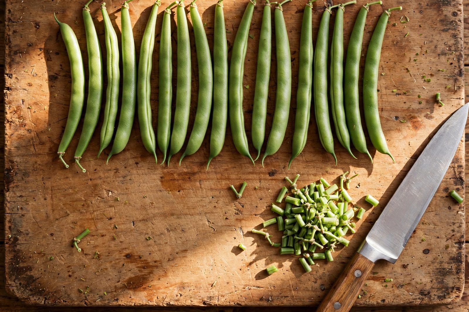 Overhead of green beans lined up on a cutting board with trimmed ends beside a knife.
