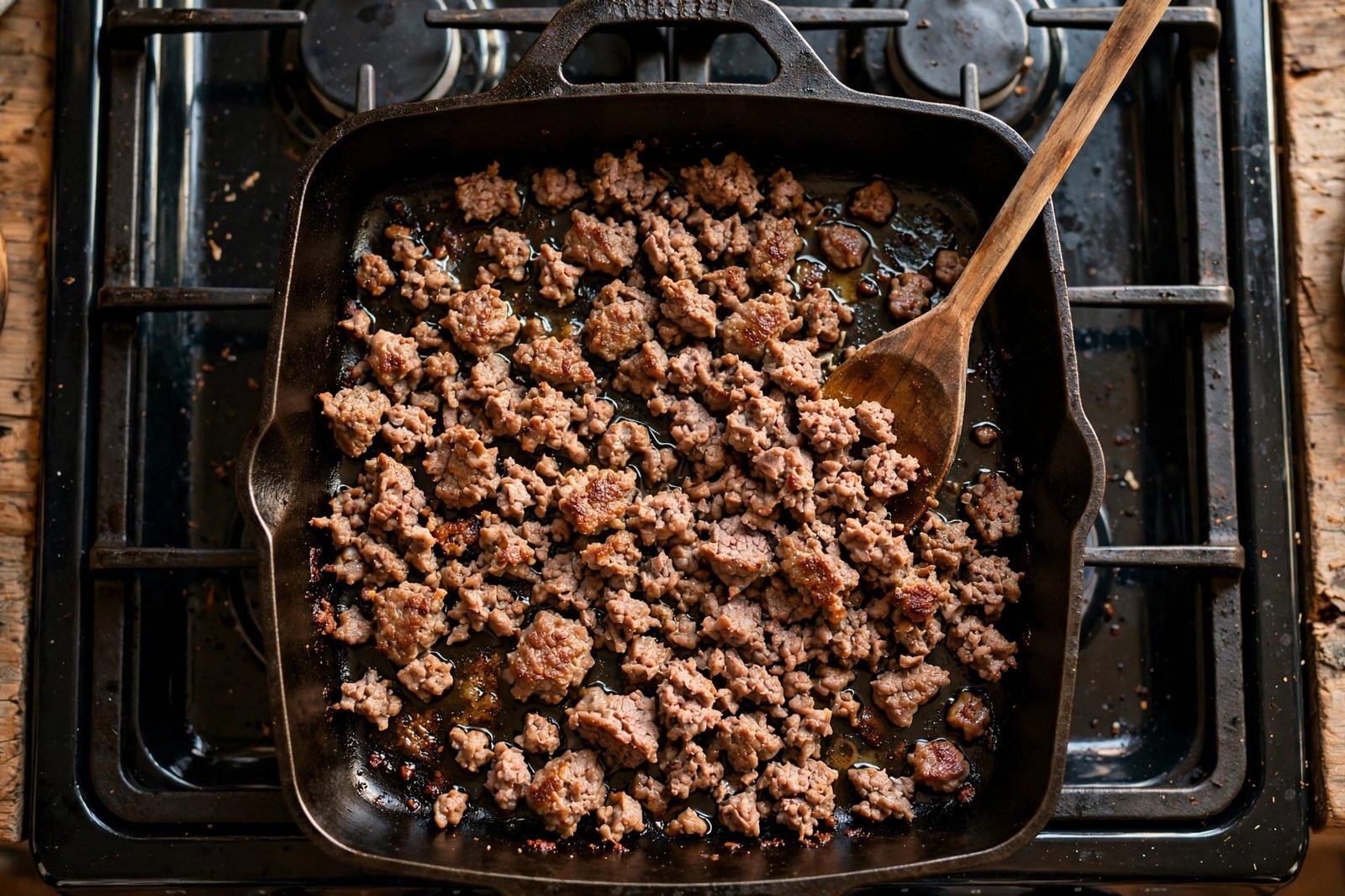 Ground beef browning in crumbles in a large skillet.