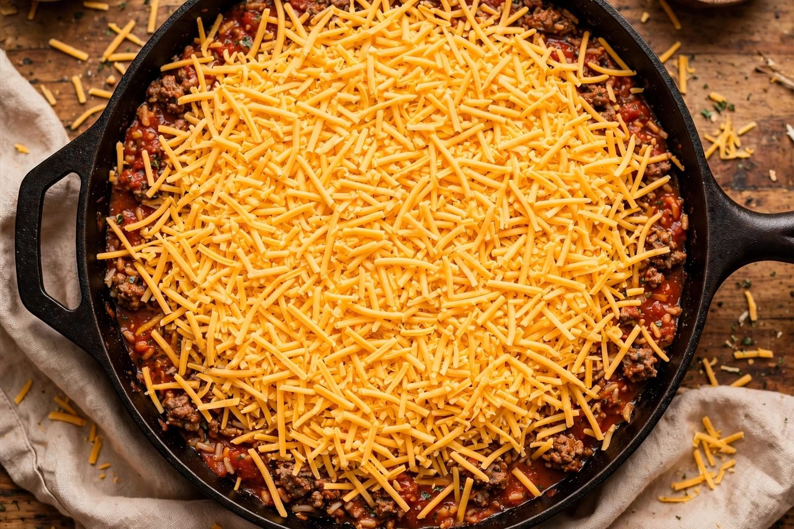 Shredded cheddar sprinkled over the beef and rice before broiling.