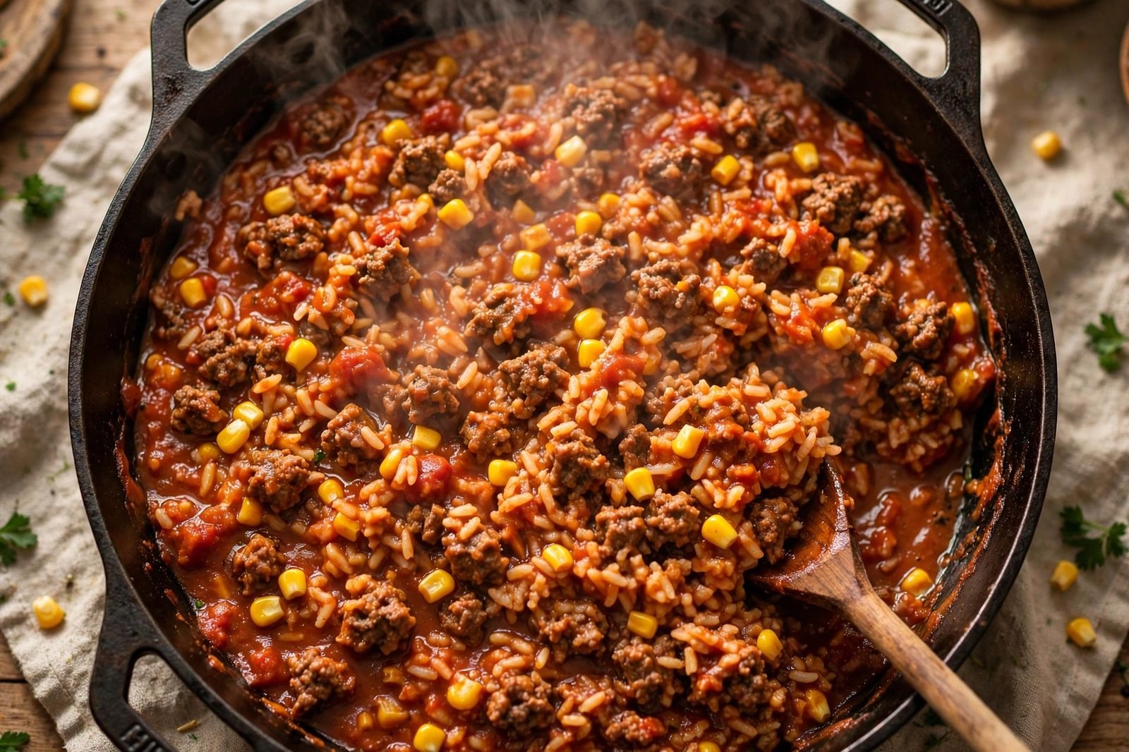 Thick and saucy beef and rice mixture with corn stirred through.