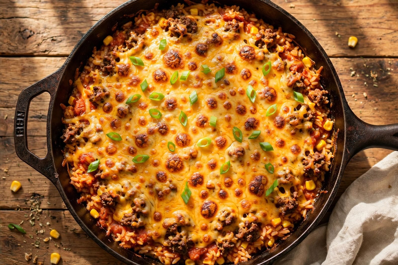 Overhead of a cheesy ground beef and rice bake with bubbly broiled cheddar in an oven-safe skillet.