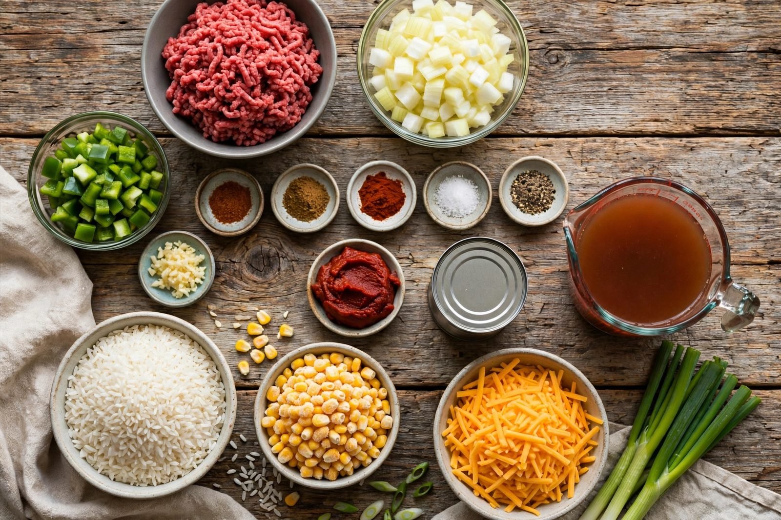 Ingredients for cheesy beef and rice bake: ground beef, onion, bell pepper, tomato sauce, rice, corn, cheddar.