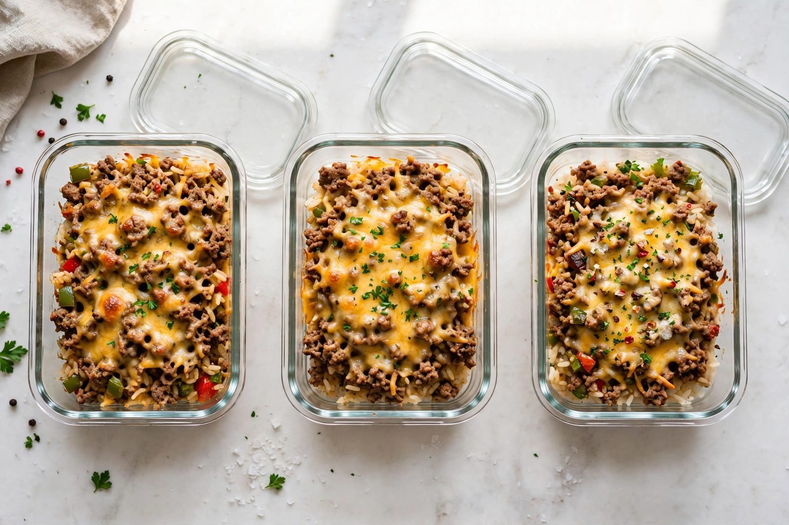 Meal-prep containers portioned with cheesy ground beef and rice bake.