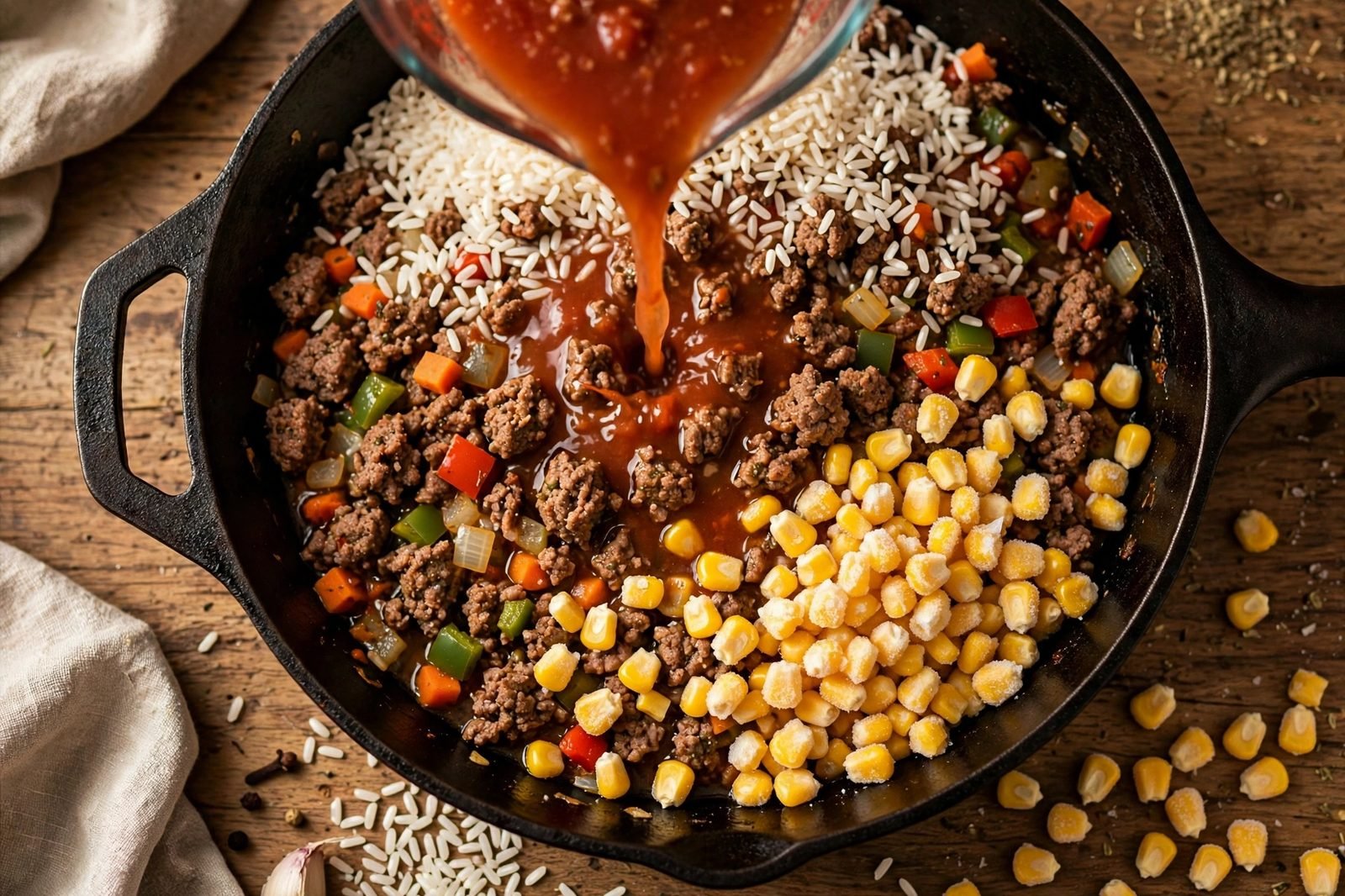 Tomato sauce, beef broth, instant rice, and corn added to the skillet.