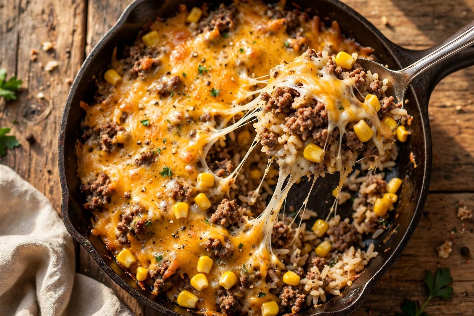 Scooped serving showing layers of beef, rice, and melted cheese.