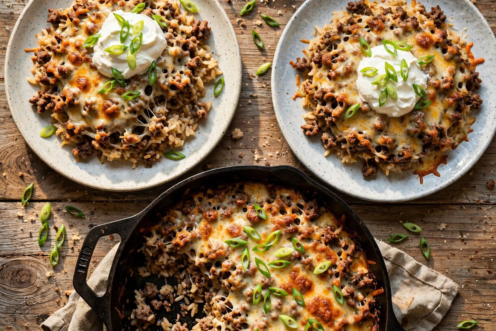 Served plates of cheesy beef and rice bake with sour cream and green onions.