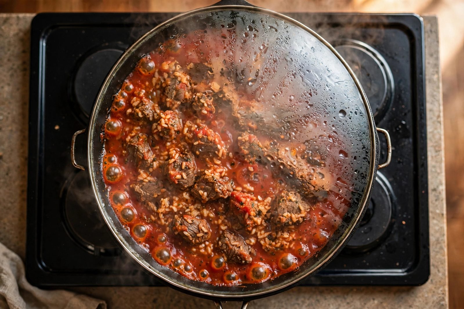 Covered skillet simmering, rice cooking in the seasoned tomato broth.