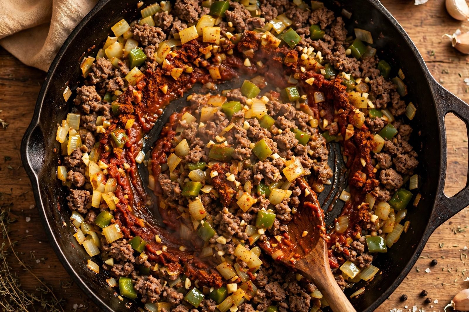 Diced onion and bell pepper with bloomed spices and tomato paste in the skillet.
