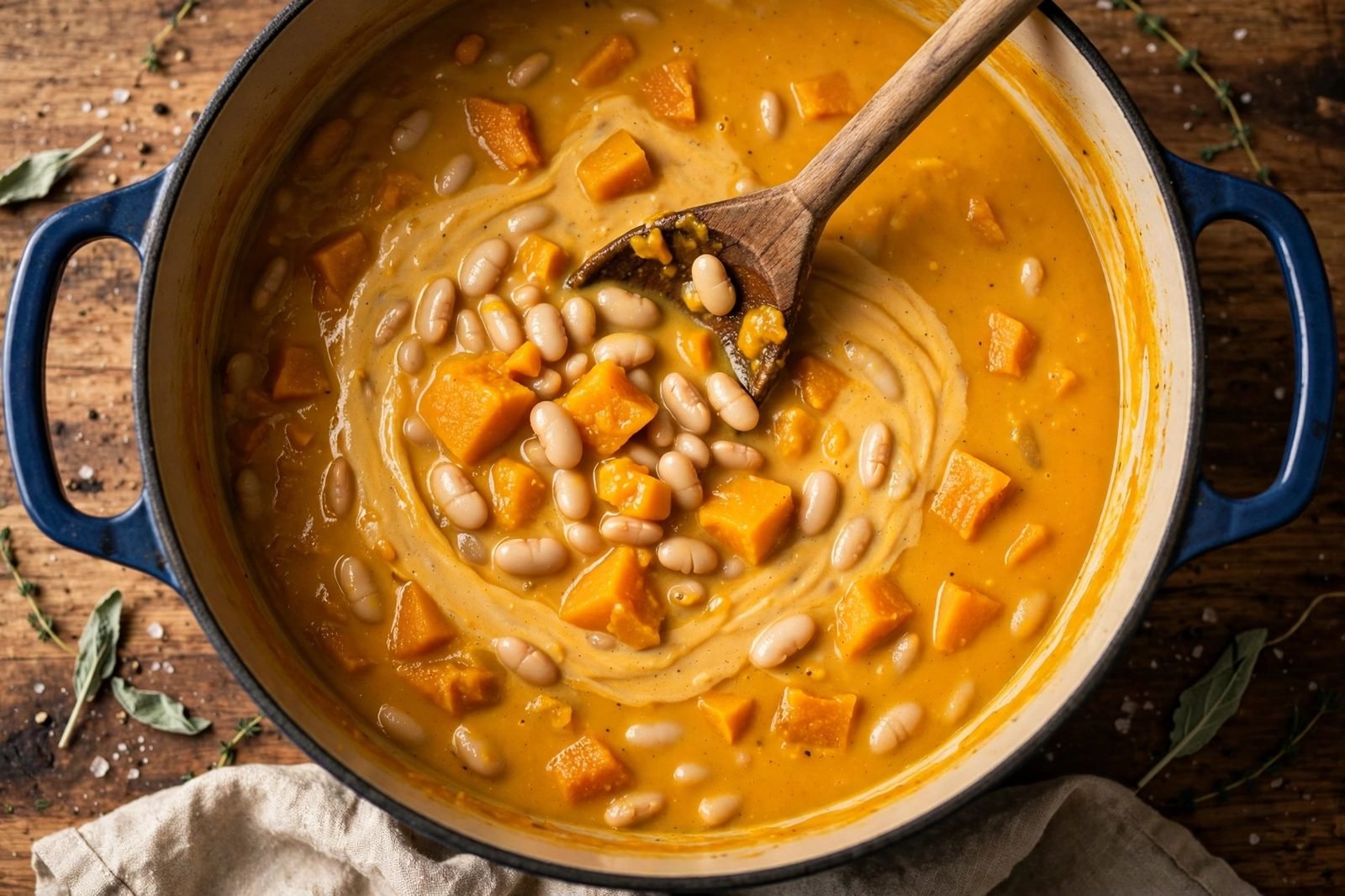 White cannellini beans being stirred into the partially blended orange soup.