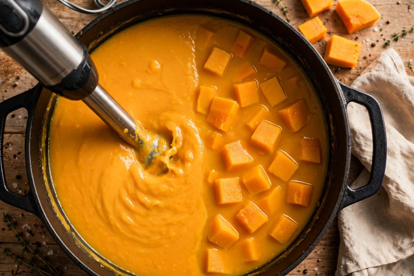 An immersion blender partially blending the squash soup in the pot.
