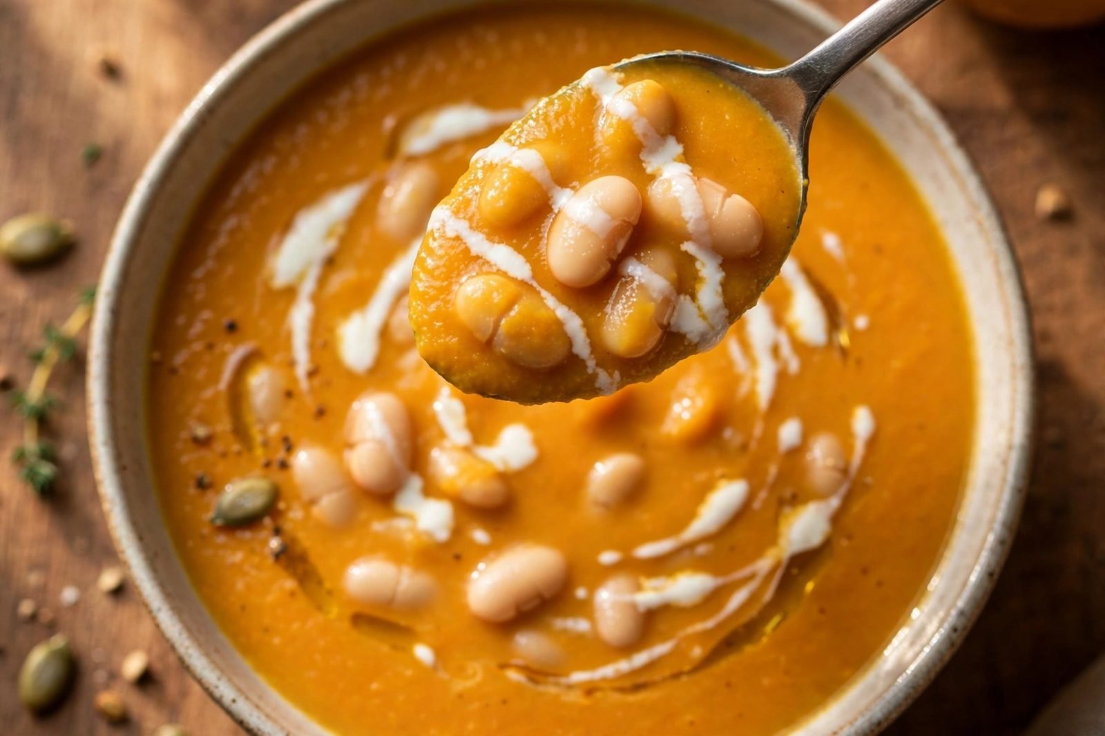 Close-up of a spoonful of creamy butternut squash soup with white beans.