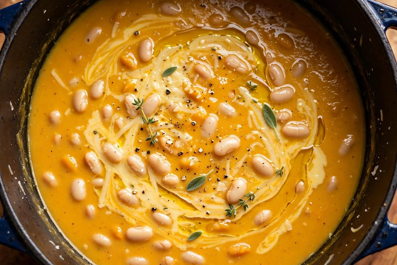 Close-up of creamy butternut squash soup with melted parmesan and whole white beans.