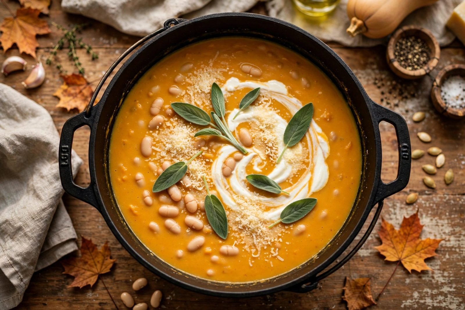 Overhead shot of a pot of creamy butternut squash and white bean soup with a yogurt swirl, sage leaves, and parmesan.