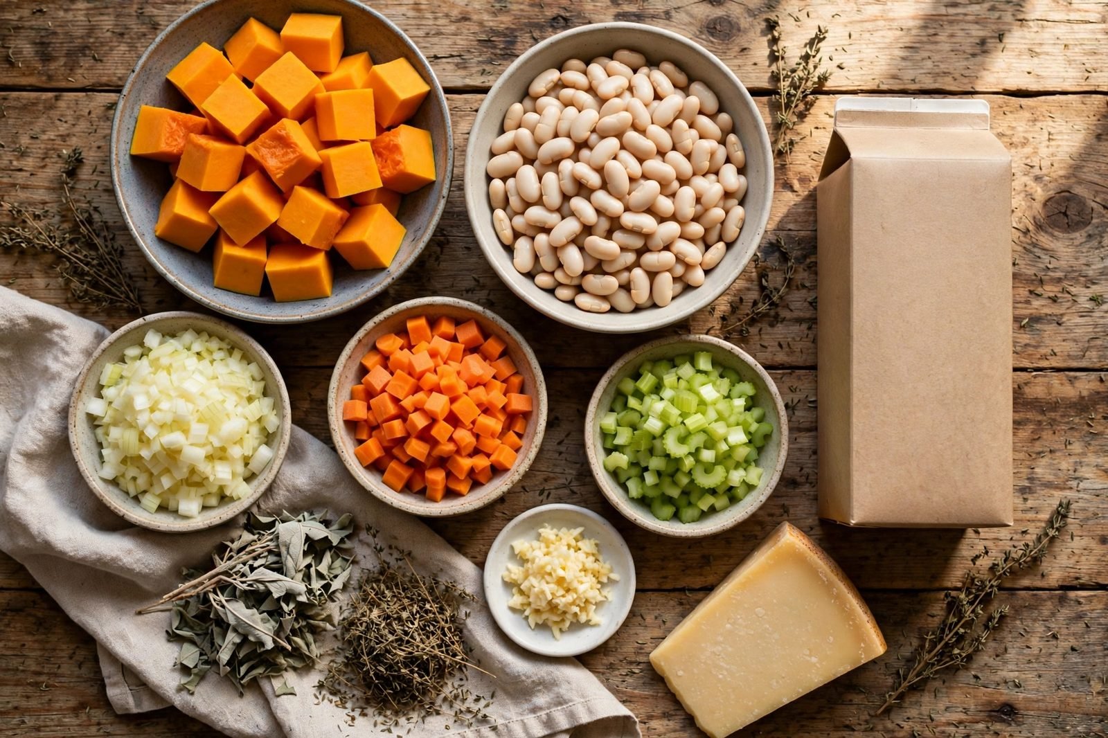 Overhead mise en place: butternut squash cubes, canned white beans, diced onion, carrots, celery, garlic, dried sage, and vegetable broth.