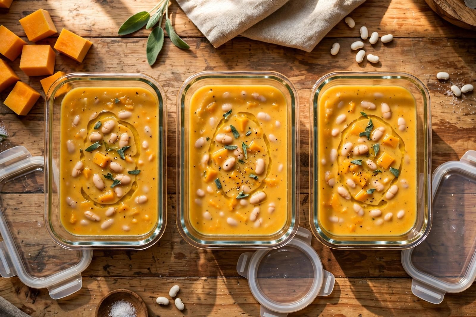 Meal-prep containers filled with butternut squash and white bean soup.