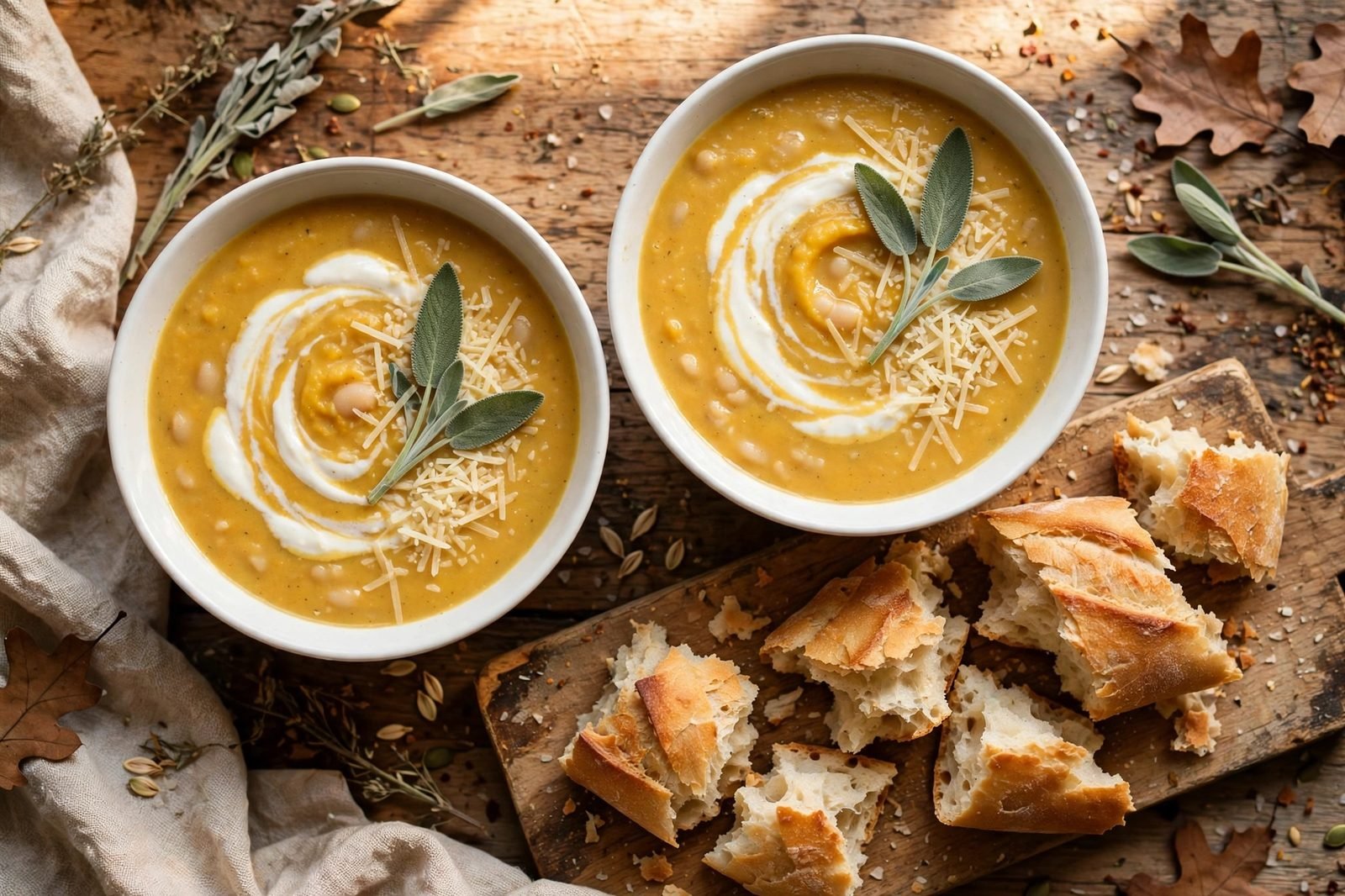 Two bowls of butternut squash and white bean soup with yogurt swirls, sage, parmesan, and crusty bread on the side.