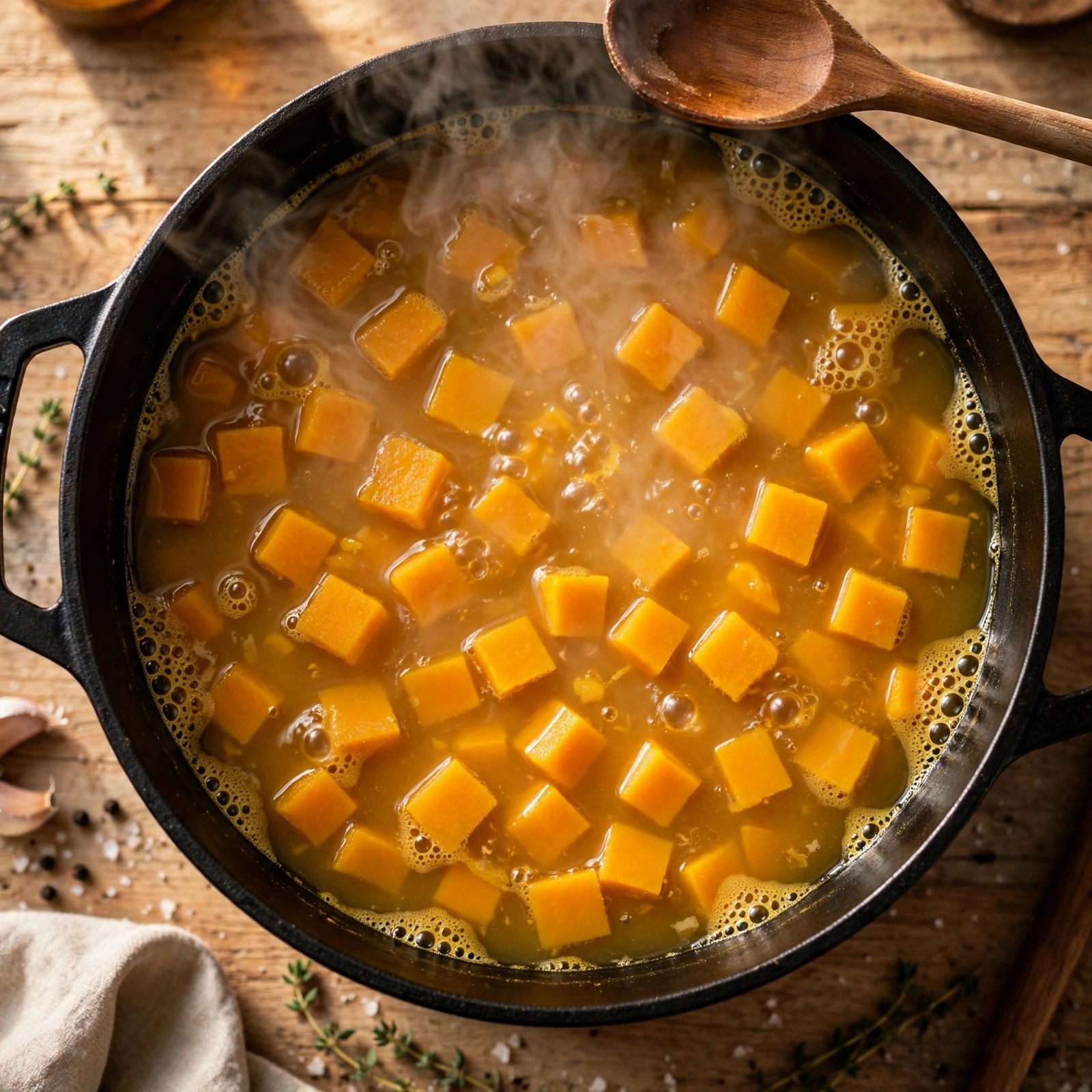 Butternut squash soup simmering in a Dutch oven with visible steam.