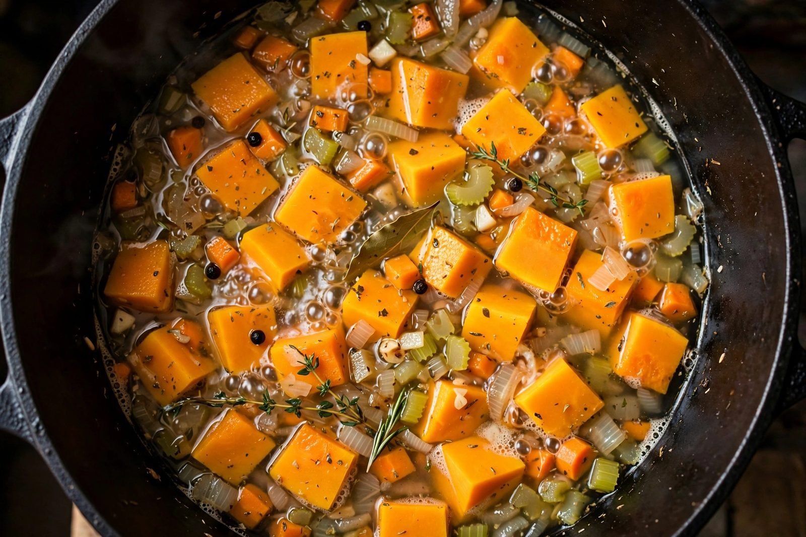 Butternut squash cubes and vegetable broth added to the pot with the aromatics.