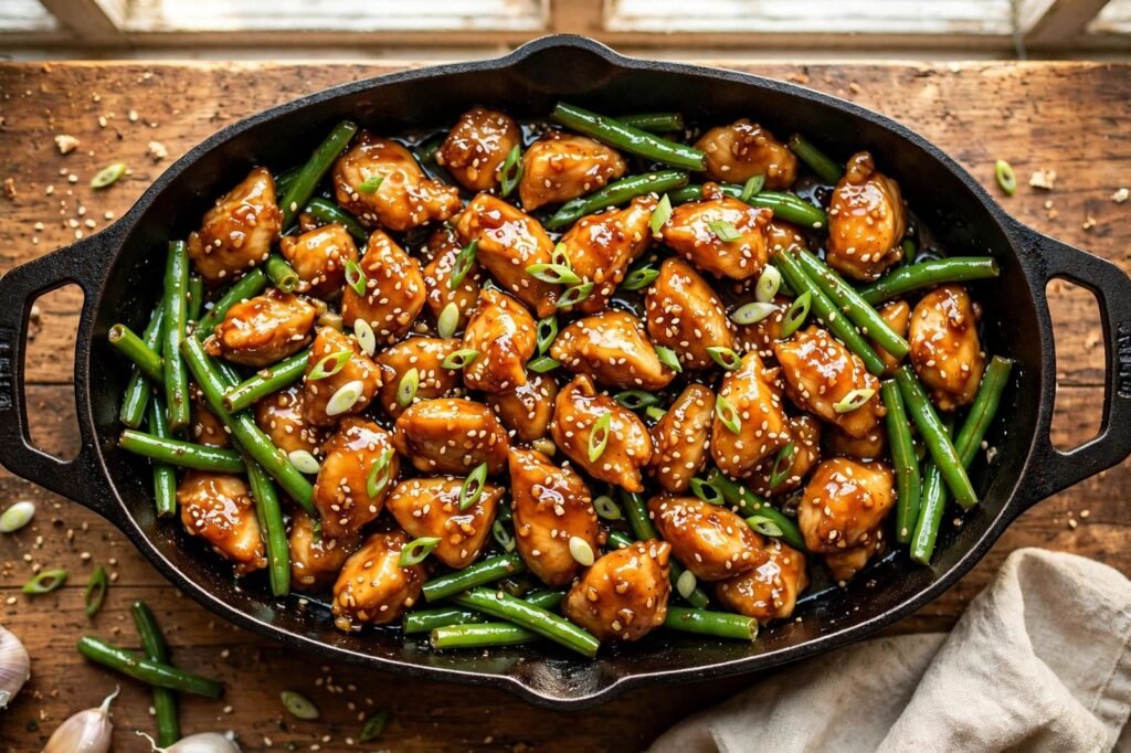 Honey garlic chicken and green beans in a skillet with glossy sauce (illustrative image)