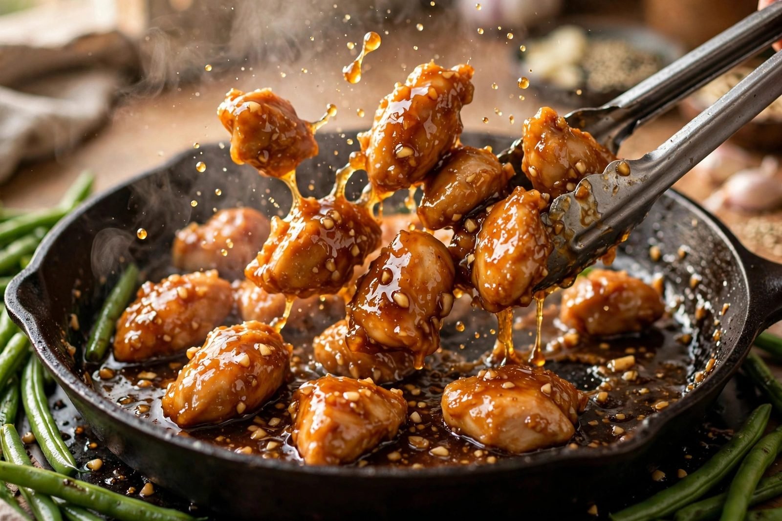 Tossing chicken pieces in honey garlic sauce in a skillet (illustrative image)
