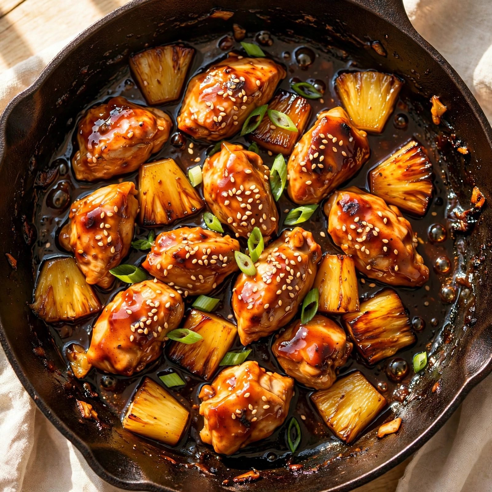 Close-up of glazed teriyaki chicken pieces and caramelized pineapple.