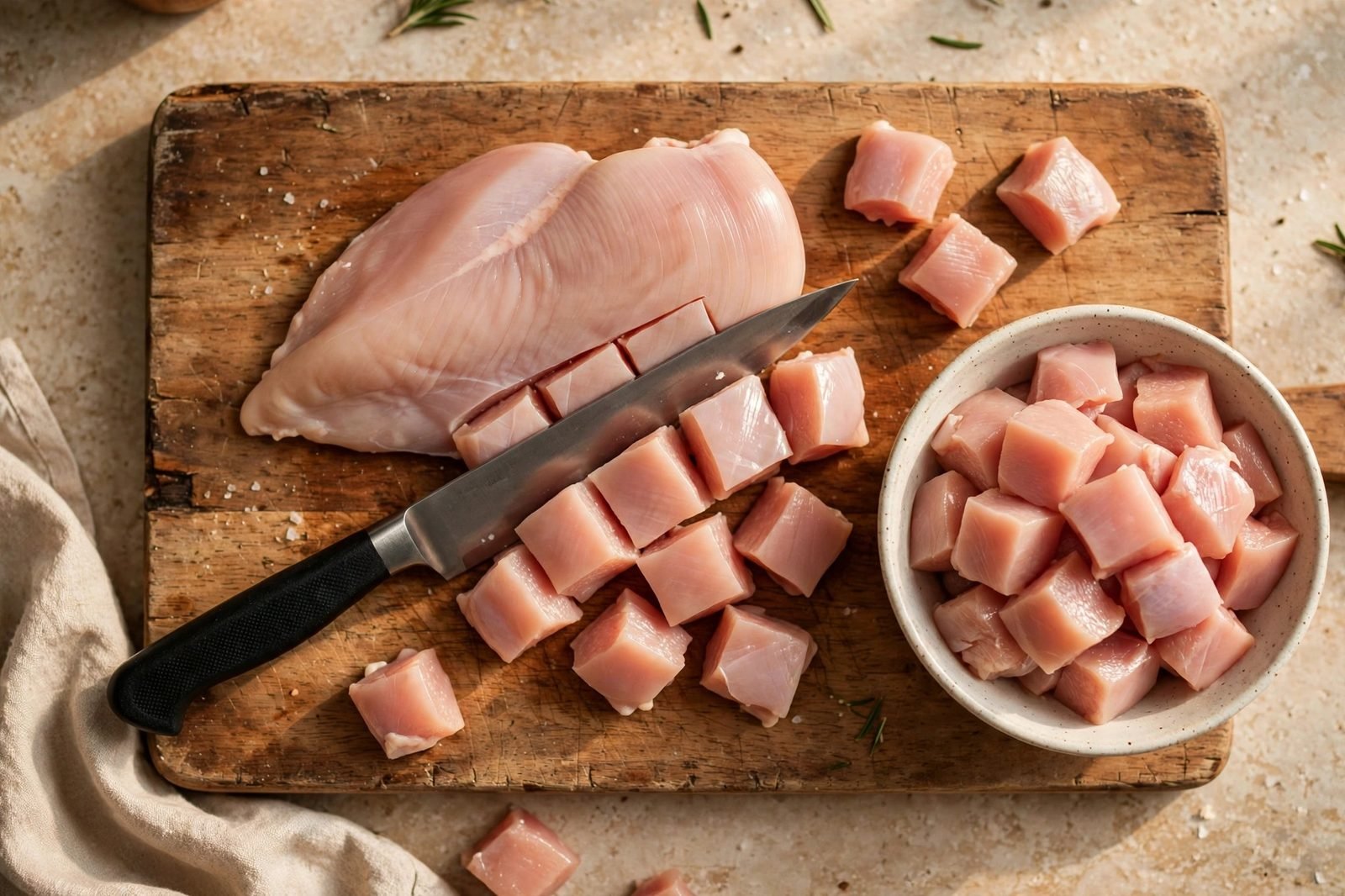 Chicken breast being cut into 1-inch pieces on a cutting board.